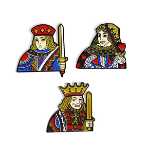 Three-piece poker card enamel pin set featuring King and Queen characters in vintage style