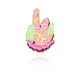 Creative crystal mushroom and moon enamel brooch pin with fantasy forest motifs in gold finish