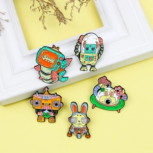 Set aus 5 farbenfrohen Emaille-Anstecknadeln mit Cartoon-Robotern und Weltraum-Motiven