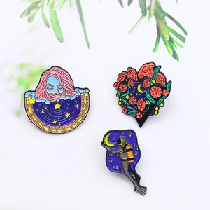 Broche Artistique en Émail Ciel Étoilé Alliage Lune Fleur Plongeur Fille Badge Épingle de Revers pour Vêtements Sac à Dos