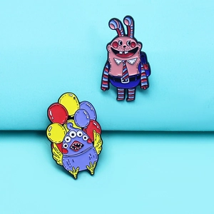 Cartoon enamel brooch set featuring a pink rabbit with backpack and colorful balloon creature