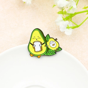 Cartoon avocado enamel brooch set with toast bread icon on white ceramic plate