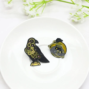 Steampunk bird and vintage mechanic gear pins set on white porcelain background