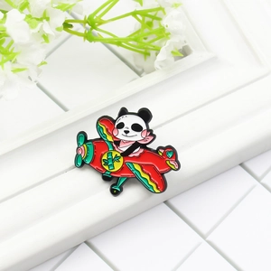 Cute panda flying a red helicopter cartoon enamel brooch pin in high quality alloy