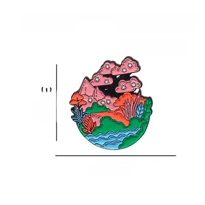 Detail view of colorful landscape enamel pin showing dimensions 3.5cm x 3.2cm