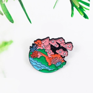 Natural Landscape Alloy Enamel Brooch Artistic Scenery Sakura Mountain River Wave Lapel Pin Fashion Jewelry Accessories Unisex
