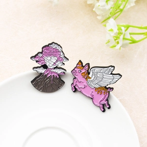 Creative Volcano Eruption Flying Pig Enamel Pin Alloy Brooch Cartoon Animal Badge Clothing Jewelry Accessory Gift For Women Men