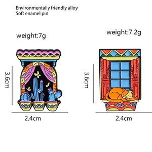 Creative enamel pins featuring a cactus and a cat on a windowsill in alloy material