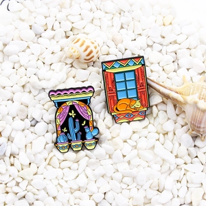 Creative Night Sky Window Sill Cat Cactus Enamel Brooch Alloy Cartoon Pin Badge For Clothing Bag Accessories Jewelry Gift