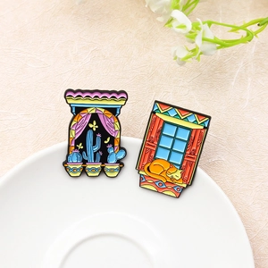 Creative enamel pins set featuring a cactus window and sleeping cat on ceramic dish