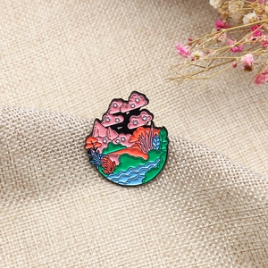 Artistic round nature landscape enamel brooch with cherry blossoms and blue rivers
