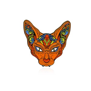 Sphynx cat enamel pin with vibrant colorful geometric patterns and polished black metal edges