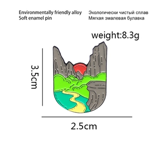 Detailed view of mountain river enamel pin with dimensions 3.5cm x 2.5cm and 8.3g weight