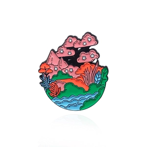 Artistic landscape alloy brooch with pink cherry trees and flowing blue river scenery