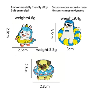 Summer animal enamel pins featuring a unicorn, polar bear, and dog with swim rings