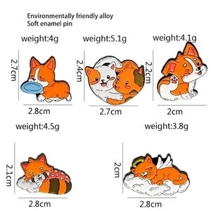 Size chart showing cartoon dog and cat enamel pins with precise dimensions and weights