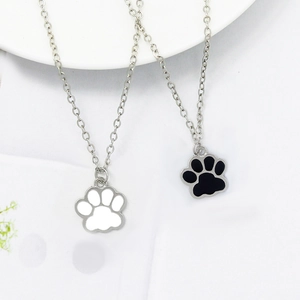 Alloy Cute Animal Paw Pendant Necklace Enamel Black White Cat Dog Paw Print Minimalist Silver Color Chain Fashion Jewelry Gift