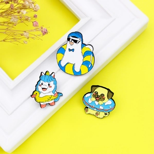 Cute enamel animal pins with white bear, unicorn cat, and pug on colorful swim rings