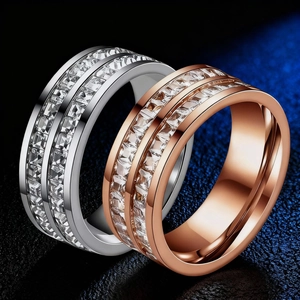 Elegant titanium steel sparkling rhinestone rings in silver and rose gold finishes