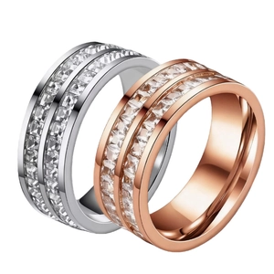 Elegant silver and rose gold stainless steel rings with double row of clear square crystals