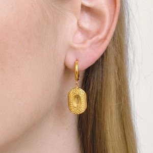Geometric Hoop Earrings 18K Gold Plated 304 Stainless Steel Hammered Pendant Retro Elegant For Women Waterproof Non-Fading