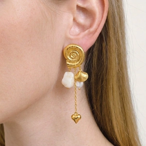 Conch Muschel Hängeohrringe Edelstahl Künstliche Barockperle Herz Quaste Gold Vergoldet Für Damen Lässige Mode