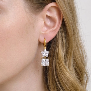 Stainless Steel Hoop Earrings With Star And Square Zircon Pendants 18K Gold Plated Waterproof Hypoallergenic Jewelry Women