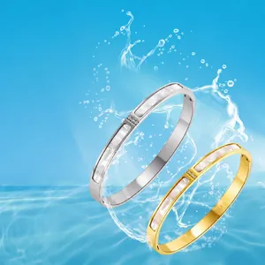 Minimalist titanium steel bangle with three diamonds and shell inlay