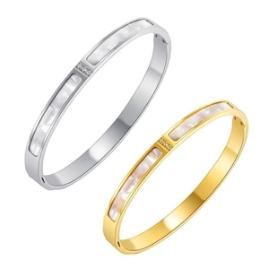 Pair of elegant titanium steel bangles with white shell inlay and three small diamonds