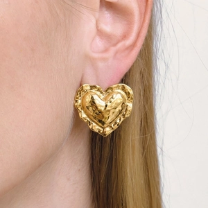 Heart Stud Earrings Stainless Steel Gold Silver Bicolor Hammered Texture Waterproof Hypoallergenic Fashion For Women