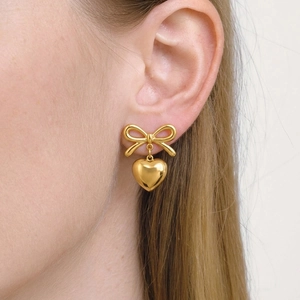 Bowknot Heart Dangle Earrings Stainless Steel Two-Tone Gold Silver Waterproof Hypoallergenic Jewelry For Women
