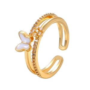 Golden double-layer open ring with white butterfly charm and micro-pave zircons