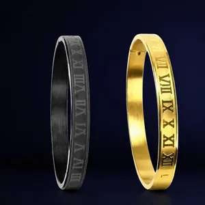 Titanium steel bangles with engraved Roman numerals in black and gold
