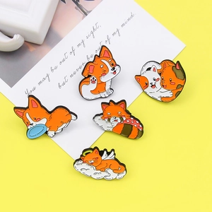 Cute cartoon animal enamel pins set featuring Corgi and angel cat on yellow background