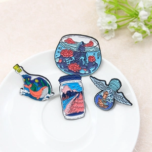 Creative enamel pin set featuring whale drift bottle and bonsai fish tank designs