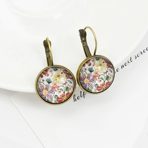 Vintage round floral drop earrings with bronze finish and colorful heart patterns