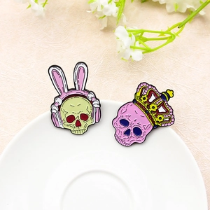 Punk Cartoon Skull Enamel Pins Pink Crown And Green Rabbit Ear Headphones Alloy Brooch Badges For Backpack Women Men Jewelry