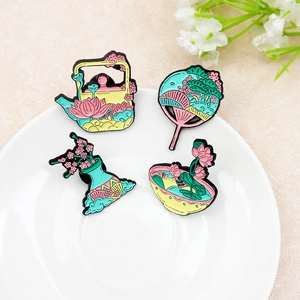 Elegant Alloy Enamel Lotus Flower Teapot Fan Bowl Brooch Pins For Women Men Vintage Oriental Style Zen Art Lapel Pin Badge Jewelry