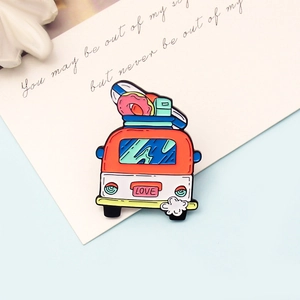 Cartoon Retro Camper Van Enamel Brooch With Love License Plate Surfing Board Donut Travel Badge Pin For Women Alloy Jewelry