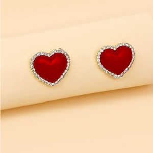 Vintage Alloy Floral Round Leverback Earrings Red Heart Rhinestone Stud Earrings For Women Bohemian Style Daily Party Jewelry