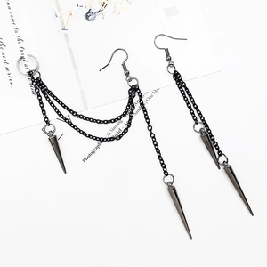 Boucles d'Oreilles Clip en Alliage de Chaîne Asymétrique Punk Gothique Noir Argent Pendentif Pointe Gland Homme Femme