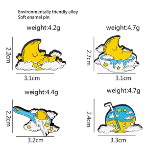 Cartoon moon and stars alloy enamel pin set with size and weight specifications
