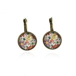 Vintage bronze round earrings with floral pattern and secure lever-back closure
