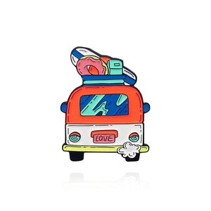 Cartoon retro camper bus enamel pin with surfboard and donut on white background