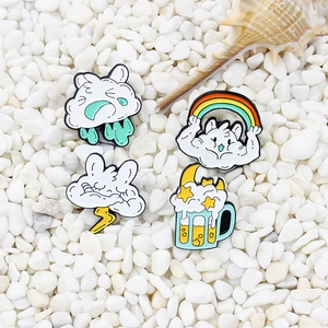 Set of 4 cute cartoon cloud enamel pins featuring rainbow, storm, and beer mug designs