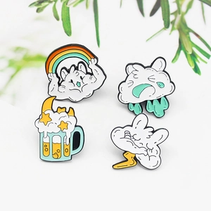 Set of four creative cloud enamel pins featuring rainbow, storm, and beer cup designs