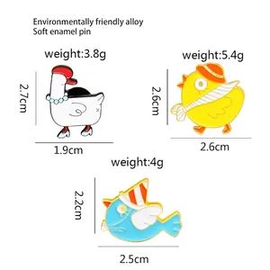 Cartoon circus animal enamel pin set including white goose, yellow chick and blue bird
