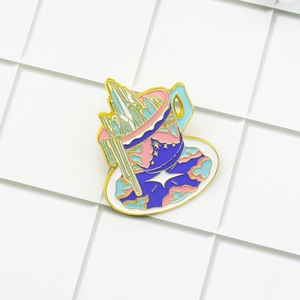 Creative fantasy tea cup enamel brooch featuring starry night patterns and magic crystals