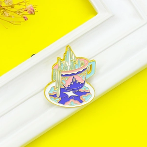 Creative enamel cup coaster brooch with blue crystal mountain in yellow background