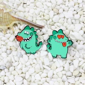 Cute Cartoon Dinosaur Enamel Brooch Pin For Kids Women Green Spit Fire Heart Eyes Alloy Animal Lapel Pin Jewelry Gift